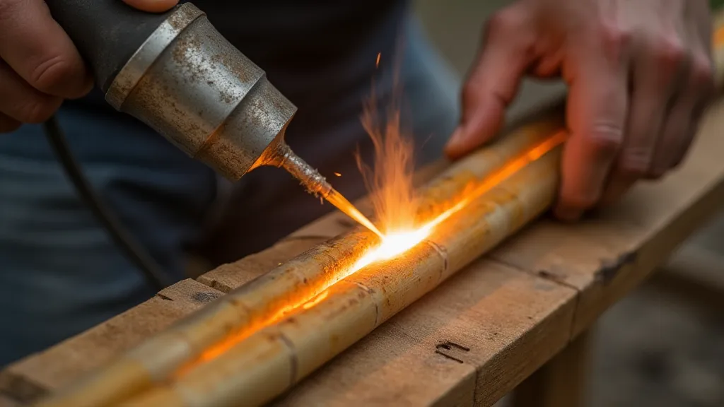 Bamboo culm being straightened with a heat gun.