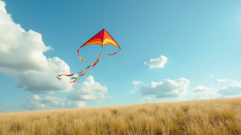 Kite flying over a grassy field