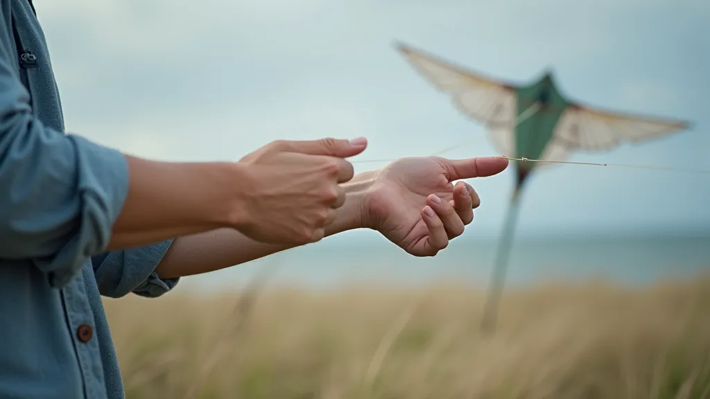 Hands adjusting kite flying line.