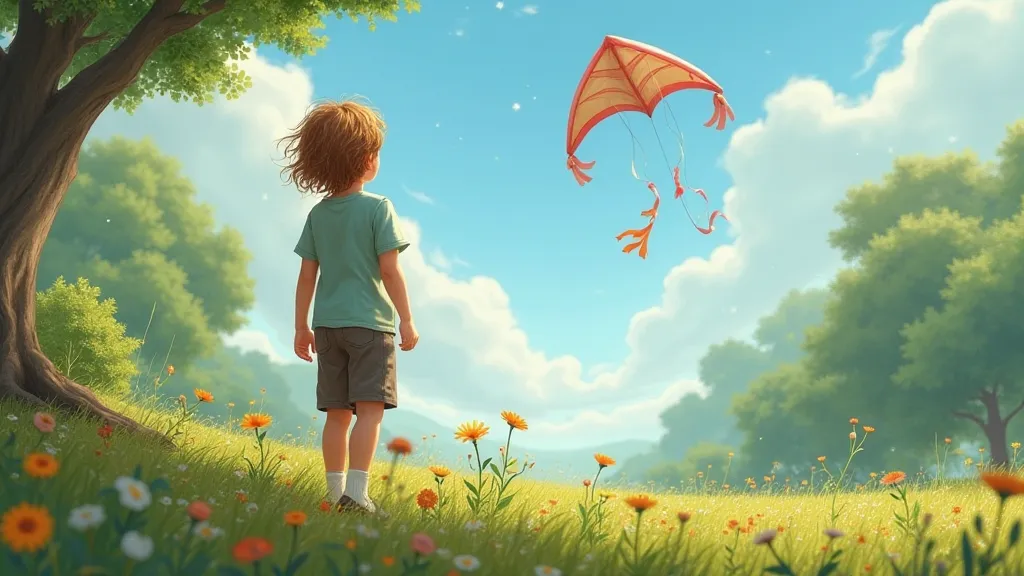 Child observing nature while flying a kite